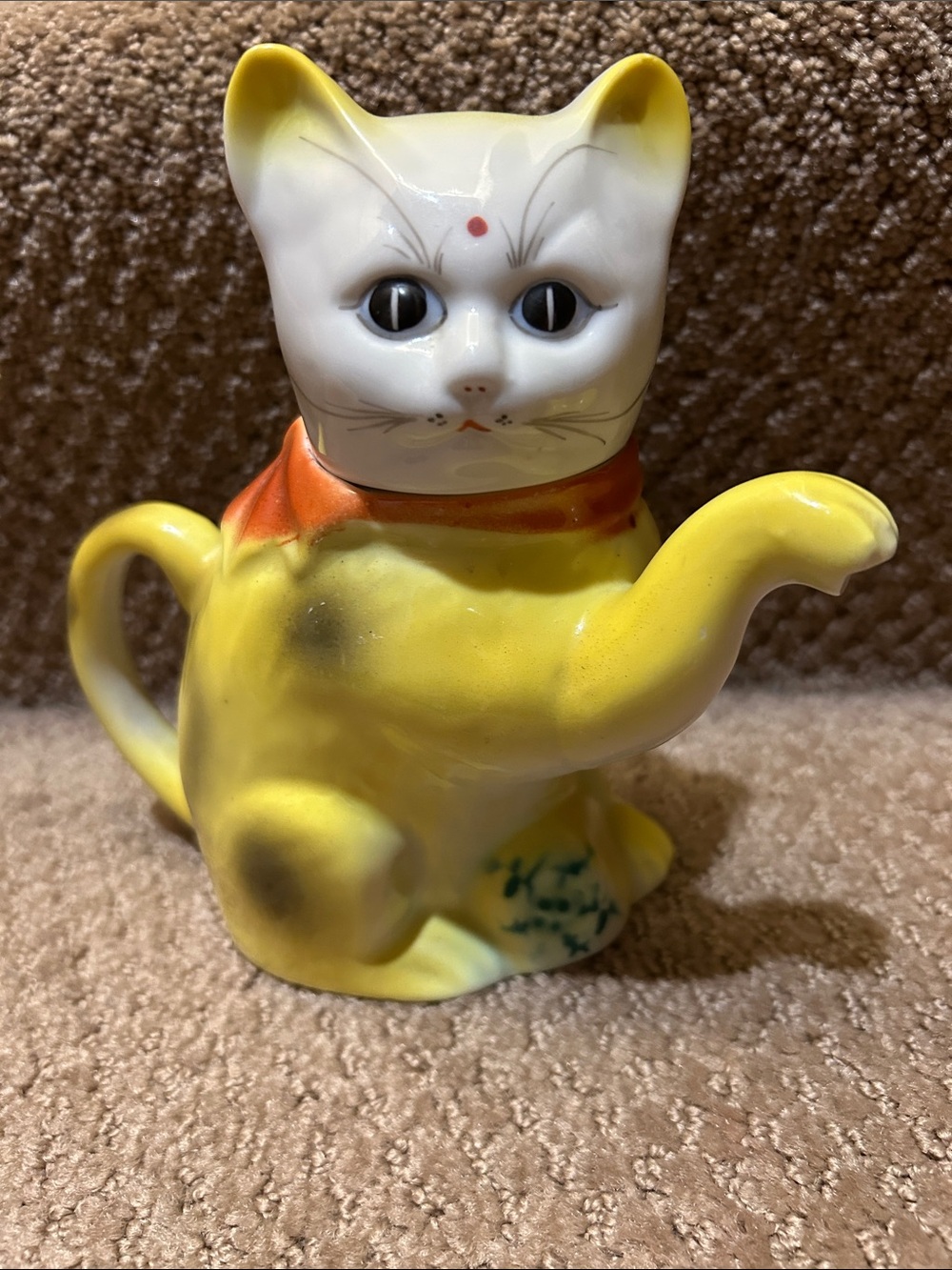Vintage Chinese Ceramic Hand Painted Lucky Cat Teapot 6" bright yellow happy